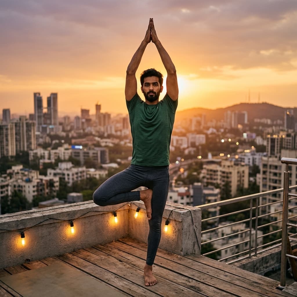 Tree pose at sunset